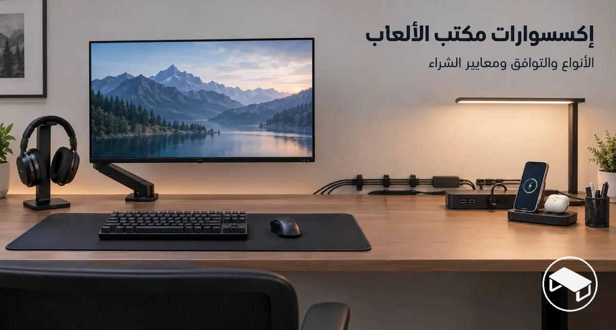 مكتب ألعاب يضم حامل شاشة ولبادة مكتب ومنظمات كابلات وحامل سماعة رأس وإضاءة وإكسسوارات شحن