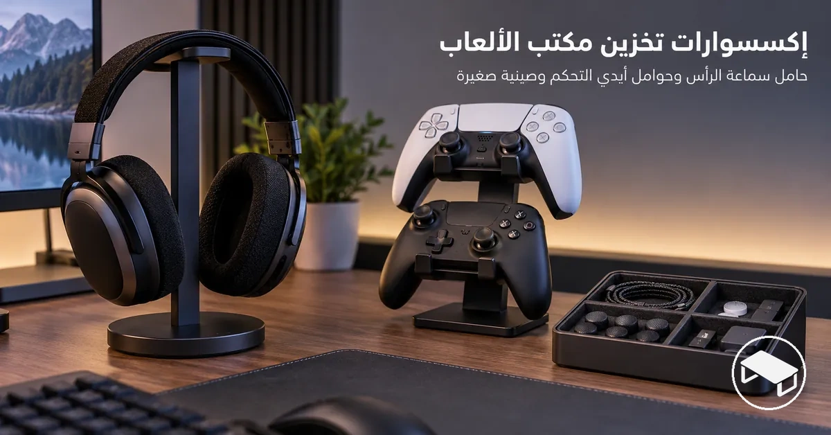 مكتب ألعاب مزود بحامل لسماعة الرأس وحوامل لأيدي التحكم وصينية صغيرة لتنظيم الإكسسوارات
