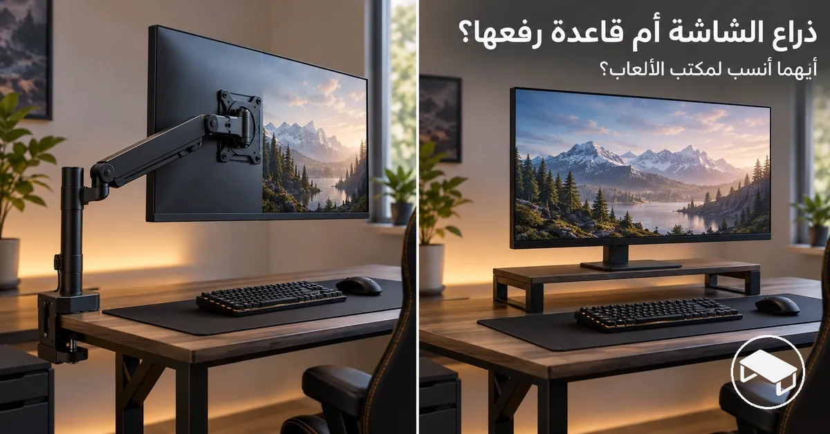 مقارنة جنبًا إلى جنب بين ذراع شاشة وقاعدة رفع شاشة على مكتب ألعاب، توضح اختلاف طريقة دعم الشاشة