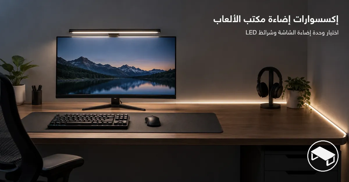 مكتب ألعاب مع وحدة إضاءة أعلى الشاشة وشرائط LED موزعة حول سطح المكتب