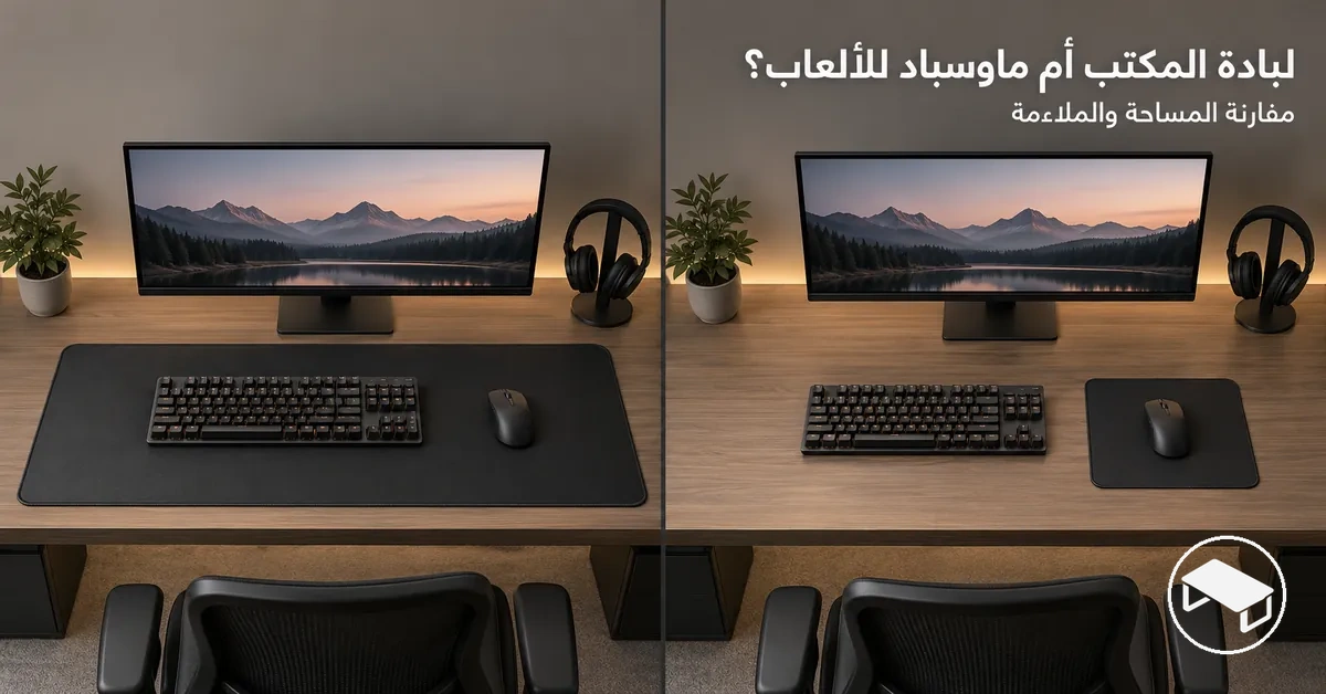 لبادة مكتب ألعاب كبيرة وماوس باد أصغر موضوعان جنبًا إلى جنب لمقارنة المساحة التي يغطيها كل منهما