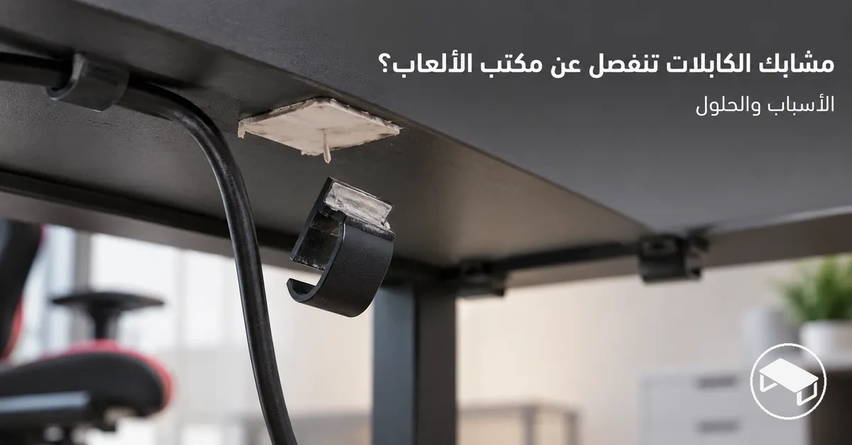مشبك كابلات لاصق منفصل ومتدلٍ أسفل مكتب ألعاب، وبجواره كابل مرتخٍ قرب موضع التثبيت