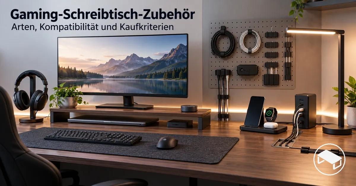 Gaming-Schreibtisch mit Monitorhalterung, Schreibtischmatte, Kabelorganisatoren, Headset-Halterung, Beleuchtung und Ladezubehör