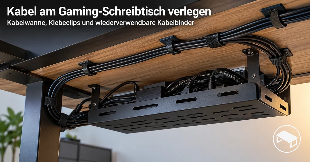 Strom- und Peripheriekabel unter einem Gaming-Schreibtisch, verlegt mit einer Kabelwanne, selbstklebenden Kabelclips und wiederverwendbaren Kabelbindern