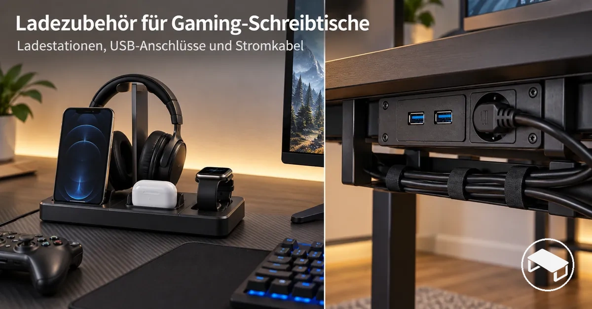 Gaming-Schreibtisch mit einer Ladestation, USB-Ladeanschlüssen und ordentlich verlegten Stromkabeln