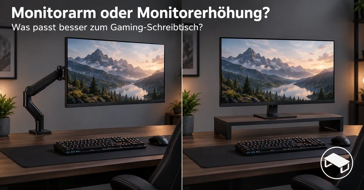 Monitorarm und Monitorerhöhung nebeneinander auf Gaming-Schreibtischen mit unterschiedlichen Befestigungs- und Aufstellmöglichkeiten