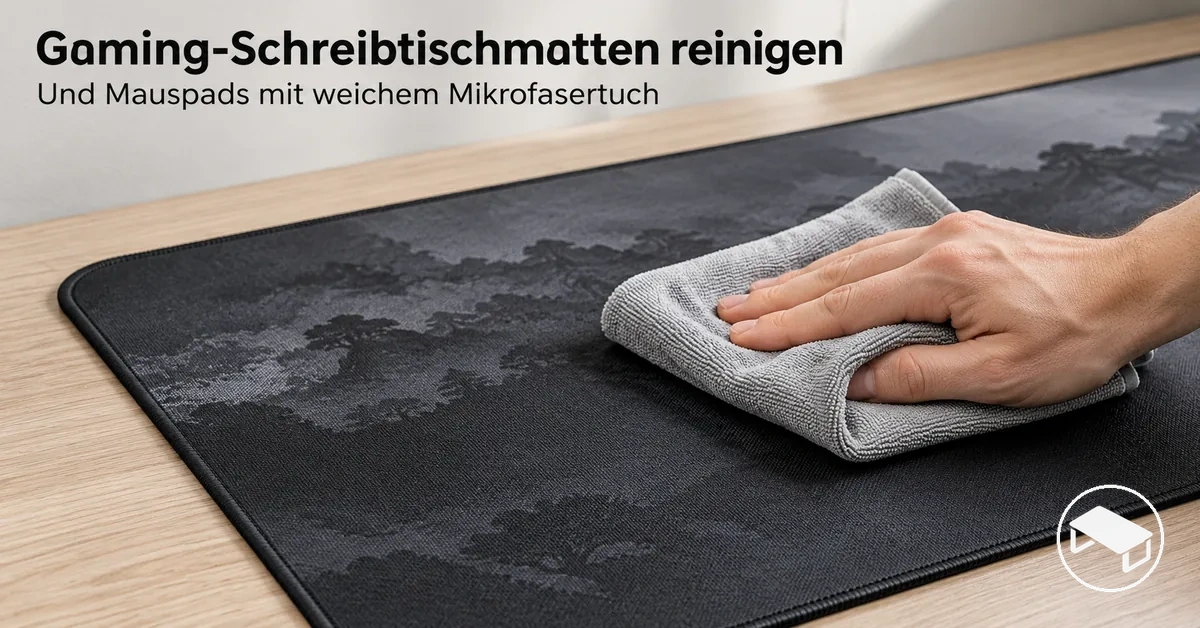 Gaming-Schreibtischmatte wird auf einer ebenen Tischfläche vorsichtig mit einem weichen Mikrofasertuch gereinigt