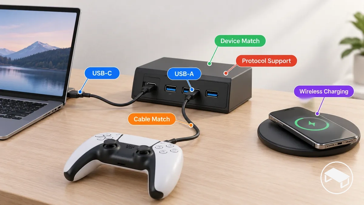USB-C- und USB-A-Ladeanschlüsse an verschiedene Schreibtischgeräte angeschlossen, um Anschluss- und Ladekompatibilität zu zeigen