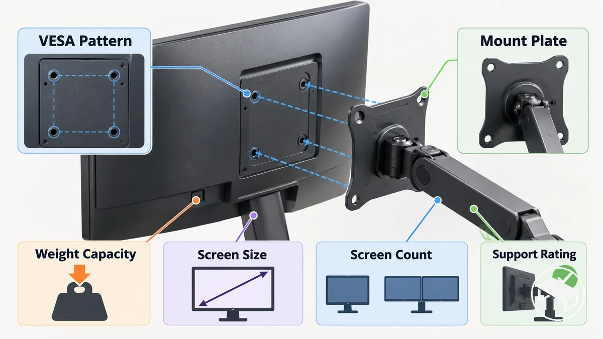 Diagramm zur Monitor-Kompatibilität mit Prüfung von VESA-Ausrichtung, Gewichtskapazität, Bildschirmgröße und Bildschirmanzahl für eine Monitorhalterung