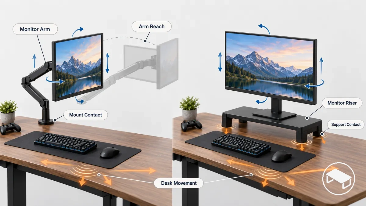 Gaming-Monitor auf einem am Schreibtisch befestigten Arm mit Auszug und feinen Bewegungswegen neben einem Monitor auf einer aufliegenden Erhöhung