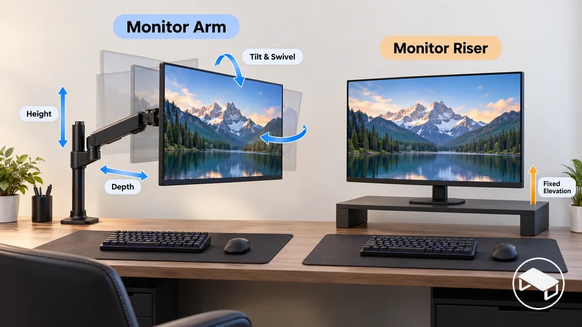 Gaming-Monitor auf einem verstellbaren Monitorarm mit vertikaler Bewegung, Tiefenbewegung, Neigung und Schwenken neben einem Gaming-Monitor auf einer Monitorerhöhung mit eher fester Höhe