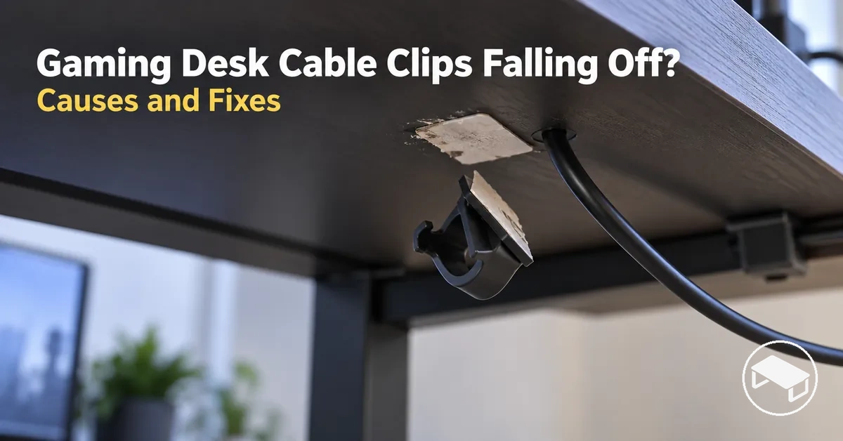 Detached adhesive cable clip hanging beneath a gaming desk with a loose cable beside its mounting position