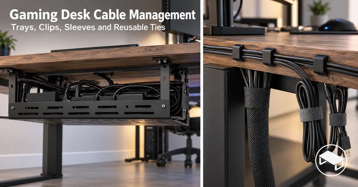 Gaming desk cable management accessories including an under-desk cable tray, cable clips, sleeves and reusable ties