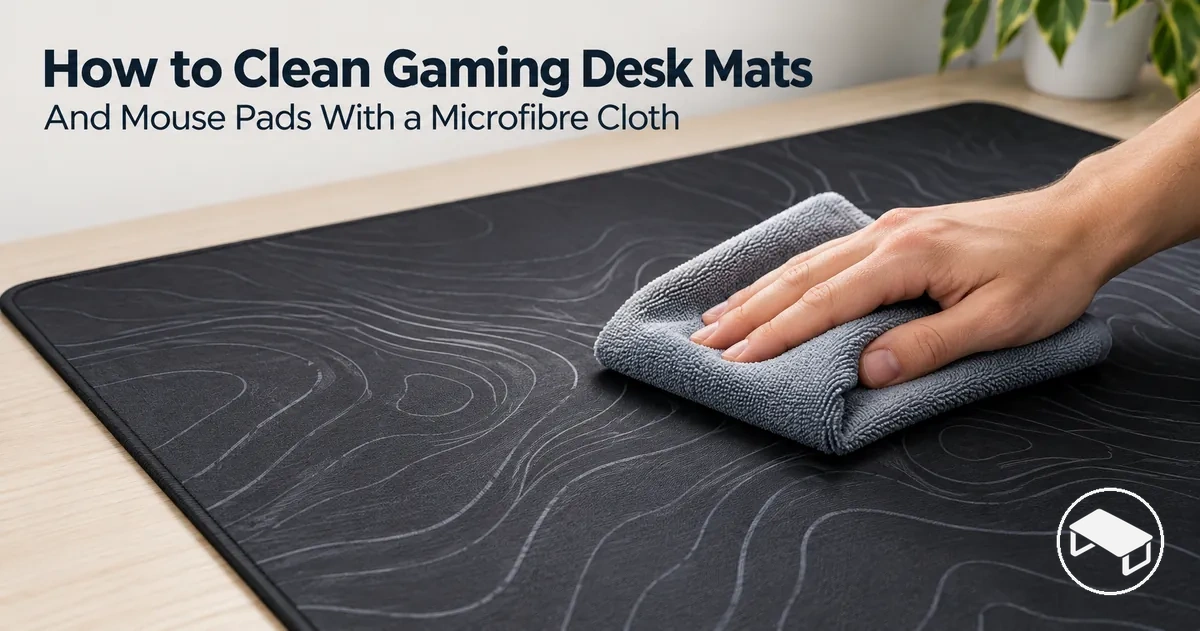 Gaming desk mat being gently cleaned with a soft microfiber cloth on a flat desk surface