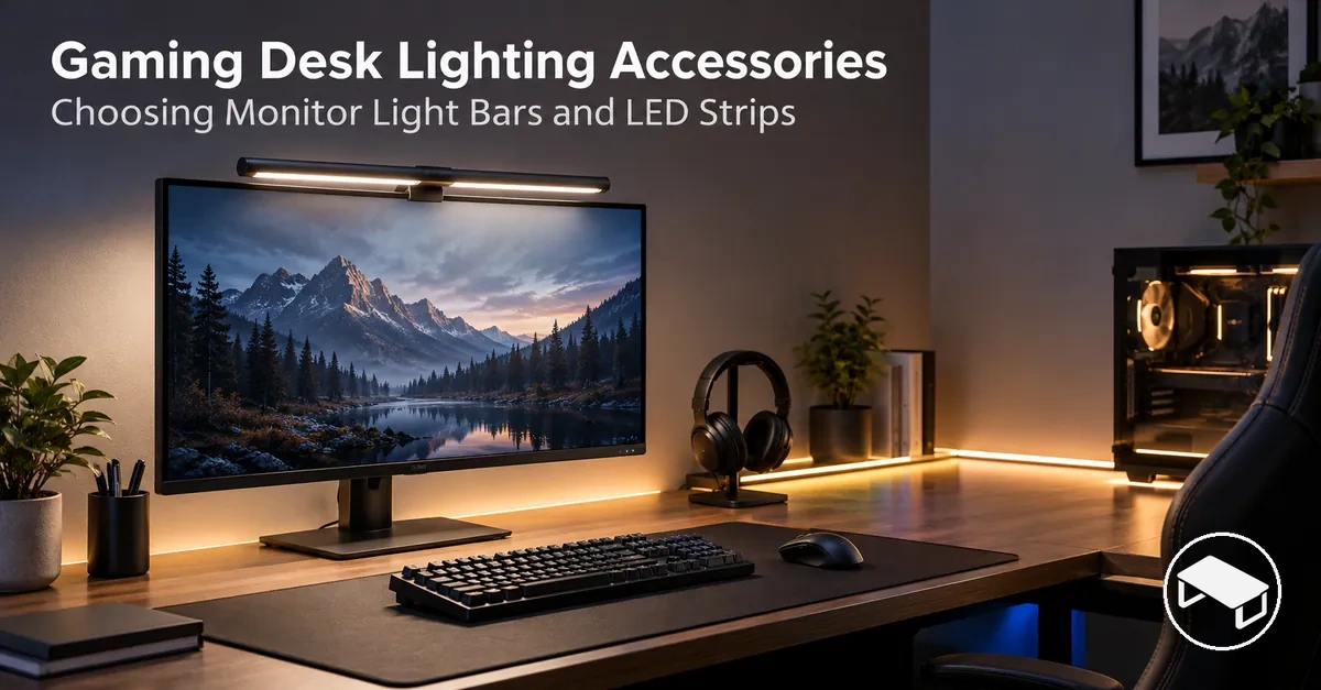 Gaming desk illuminated by a monitor light bar and LED strips positioned around the desk surface