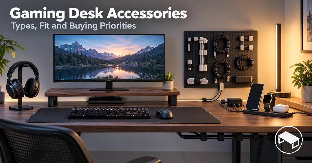 Gaming desk with a monitor support, desk mat, cable organizers, headset holder, lighting and charging accessories