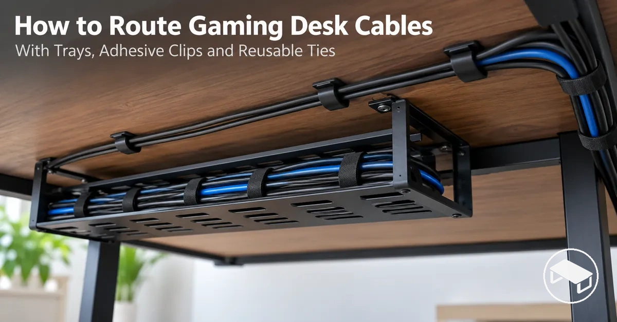Power and peripheral cables routed beneath a gaming desk using a cable tray, adhesive clips and reusable cable ties