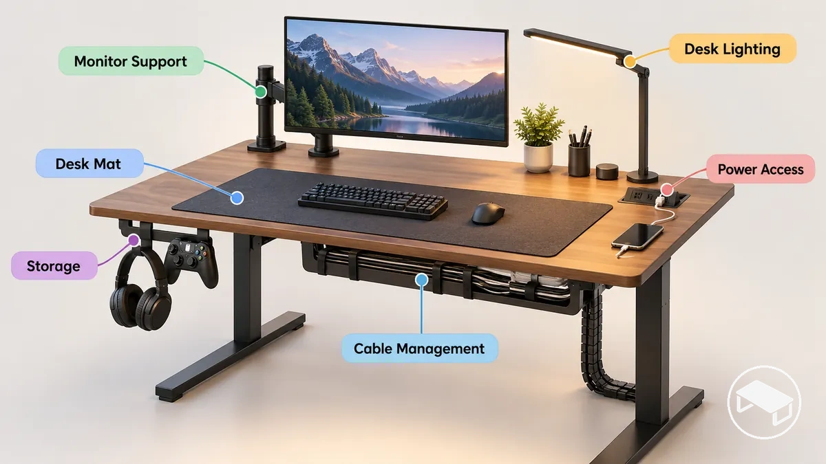 Annotated gaming desk showing monitor support, desk mat, cable management, storage, lighting and charging accessories in their typical setup positions