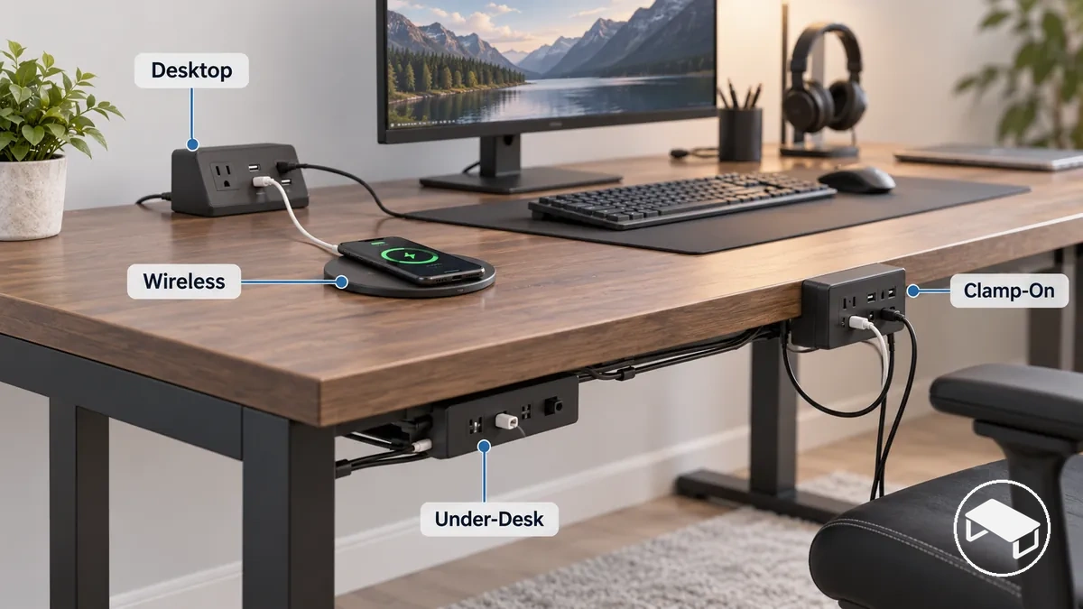 Gaming desk showing desktop, wireless, clamp-on, and under-desk charging and power-access placements