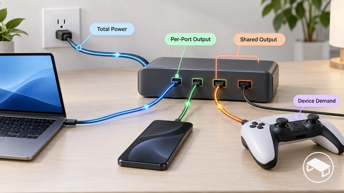 Multi-port charging station powering several desk devices to illustrate total power and shared per-port output