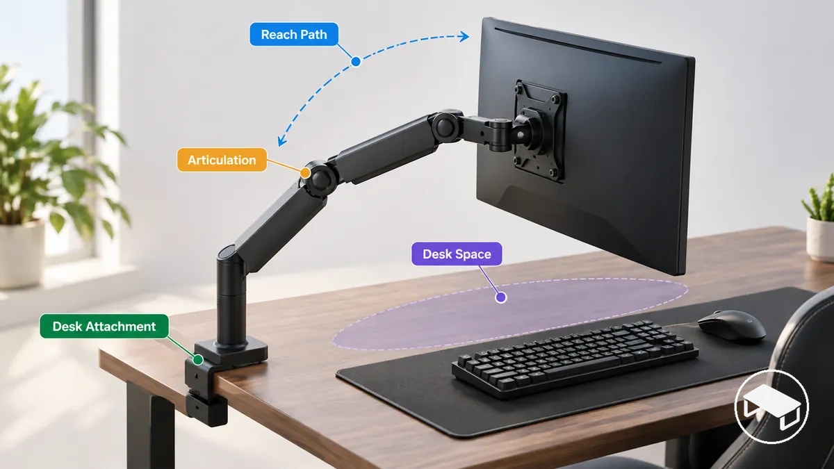 Desk-mounted monitor arm showing the desk attachment, articulated joints and monitor positioning range