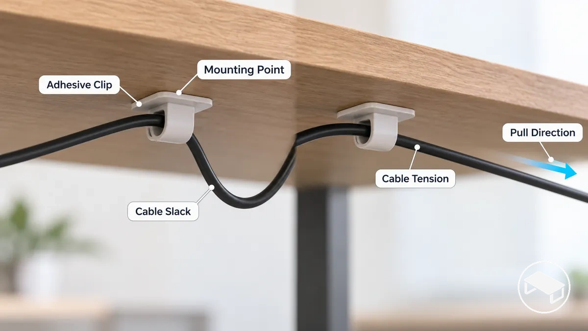 Adhesive desk cable clip showing a slack cable path compared with a tensioned cable pulling away from the mounting point