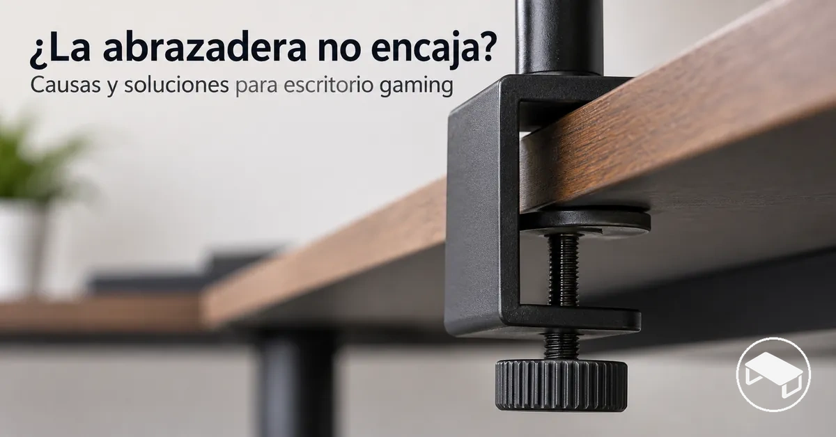 Abrazadera de un accesorio para escritorio gaming colocada junto al borde del tablero, sin espacio suficiente para fijarla correctamente