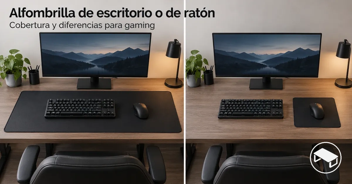 Alfombrilla grande de escritorio y alfombrilla de ratón más pequeña colocadas lado a lado para comparar la superficie que cubren