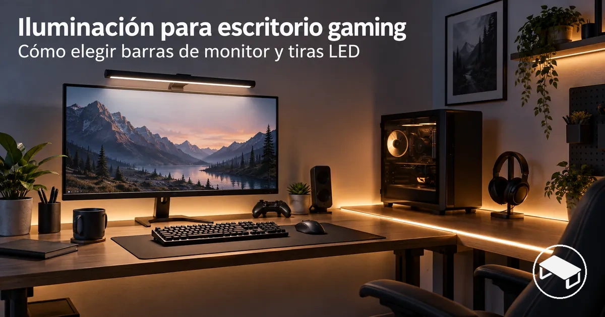 Escritorio gaming iluminado con una barra de luz para monitor y tiras LED colocadas alrededor del tablero