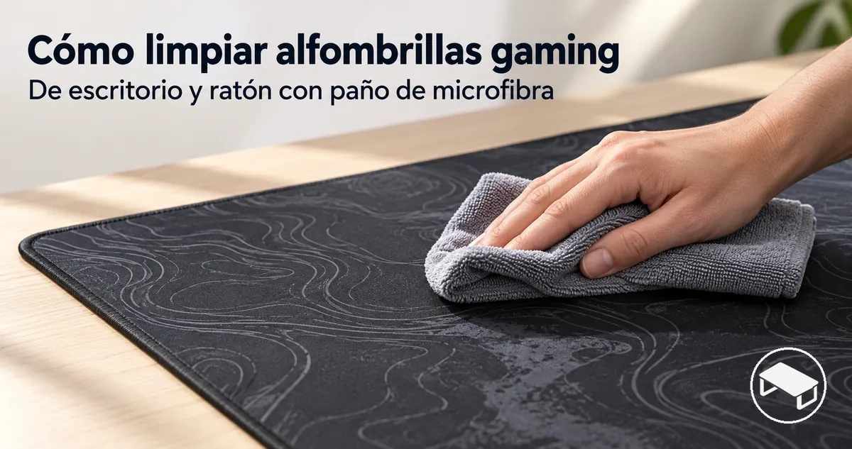 Alfombrilla de escritorio gaming que se limpia suavemente con un paño de microfibra sobre una superficie plana