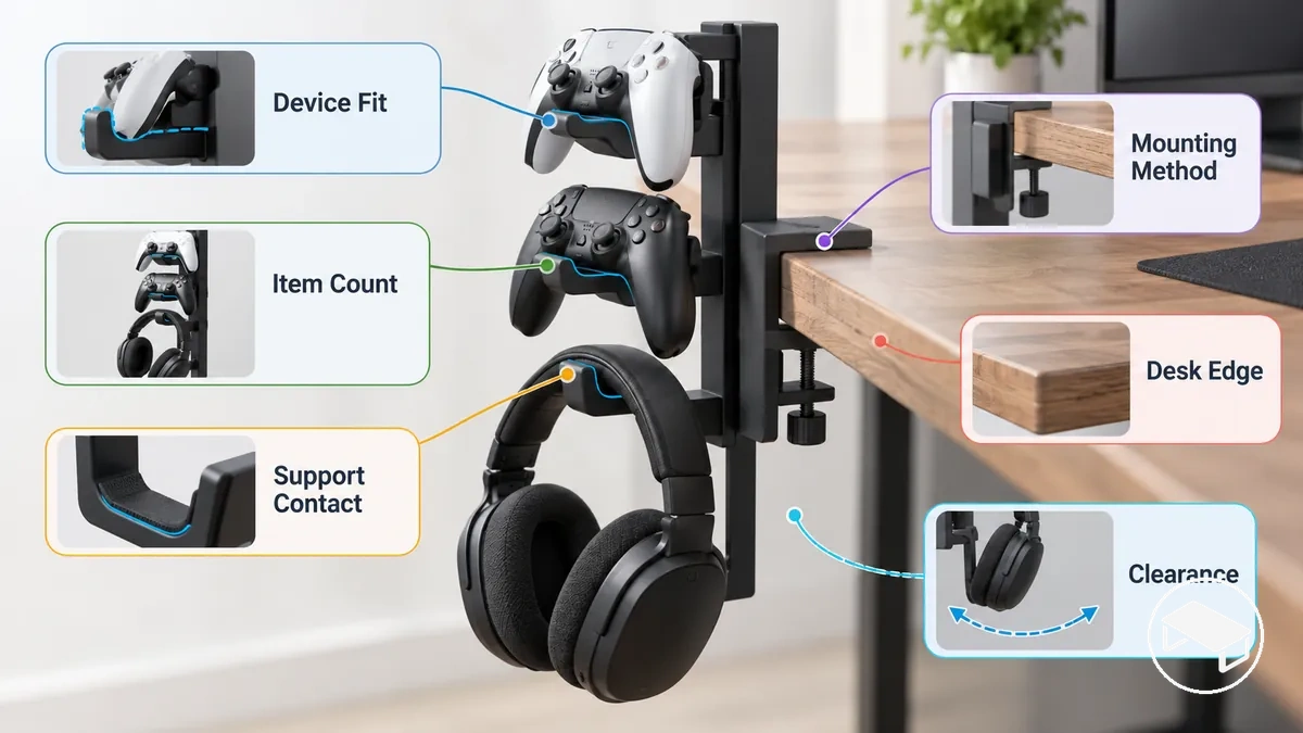 Soporte de almacenamiento para escritorio gaming anotado que muestra el ajuste del dispositivo, la capacidad, el contacto de soporte y las condiciones de montaje