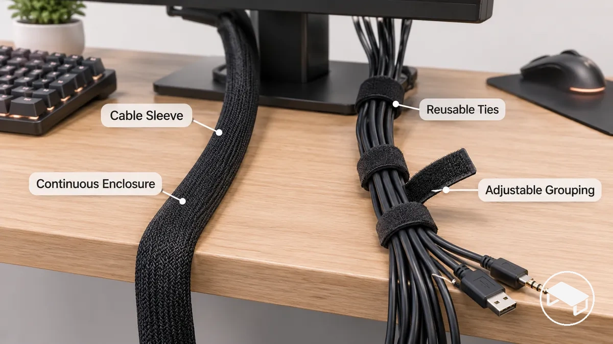 Funda para cables que encierra un manojo de cables junto a bridas reutilizables que sujetan un manojo de cables agrupado y ajustable