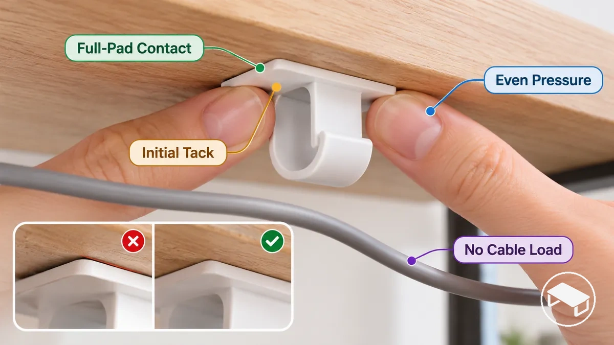 Clip adhesivo para cables presionado de manera uniforme sobre la superficie de un escritorio antes de someterlo a la carga del cable