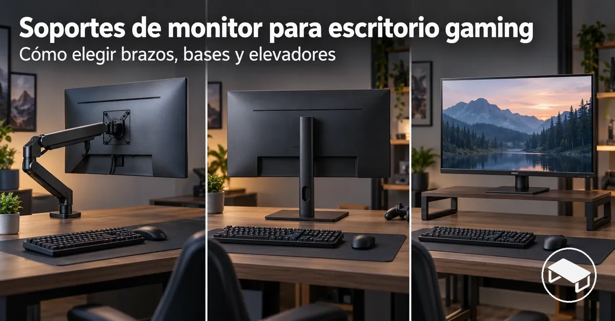 Opciones de soporte para un monitor en un escritorio gaming: brazo ajustable, soporte de sobremesa y elevador