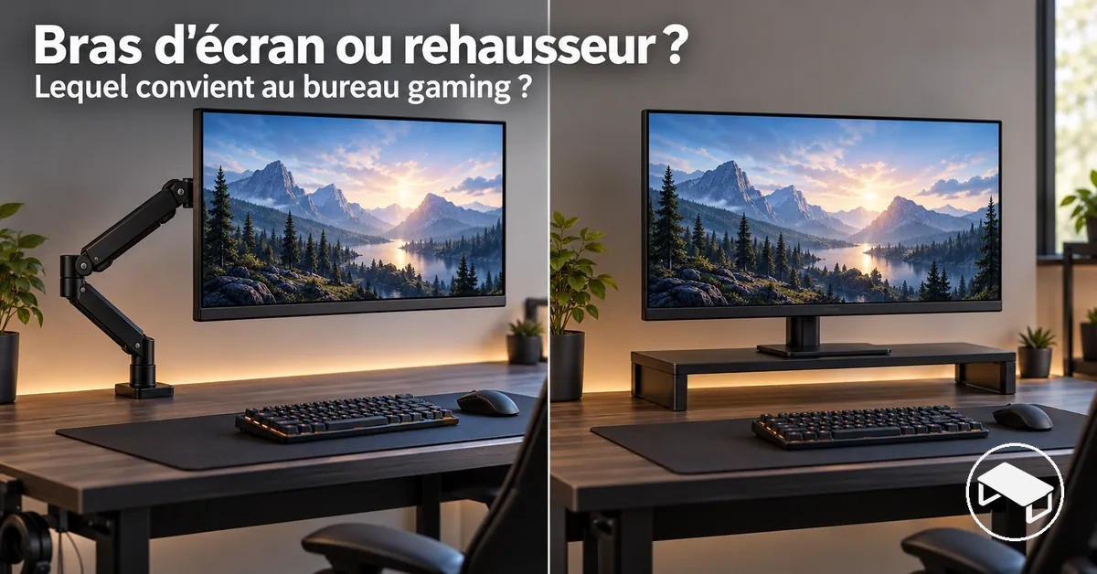 Comparaison côte à côte d’un bras d’écran articulé et d’un rehausseur d’écran sur des bureaux gaming, montrant leurs méthodes de fixation et de pose.