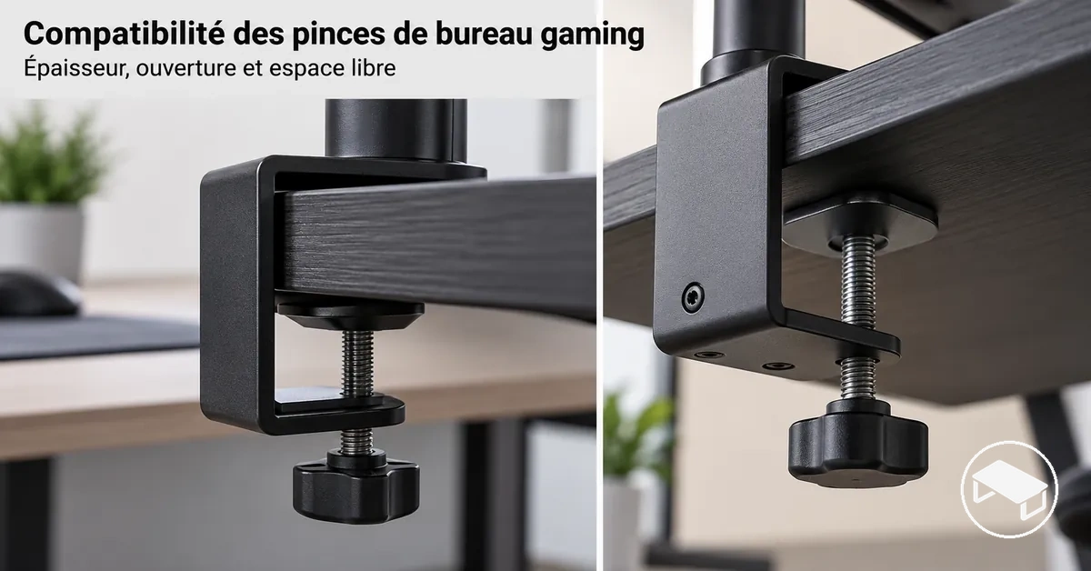 Pince de fixation au bord d’un bureau gaming montrant l’épaisseur du plateau, l’ouverture de la pince et le dégagement sous le bureau