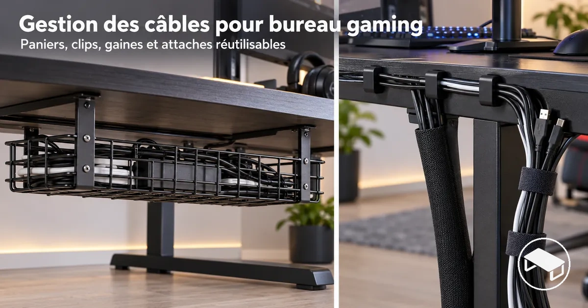 Accessoires de rangement des câbles pour bureau gaming, comprenant un panier sous le bureau, des clips, des gaines et des attaches réutilisables