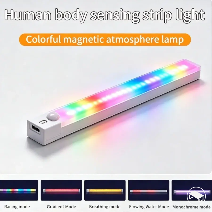Barre lumineuse RGB magnétique rechargeable avec détecteur de mouvement et cinq modes d'éclairage