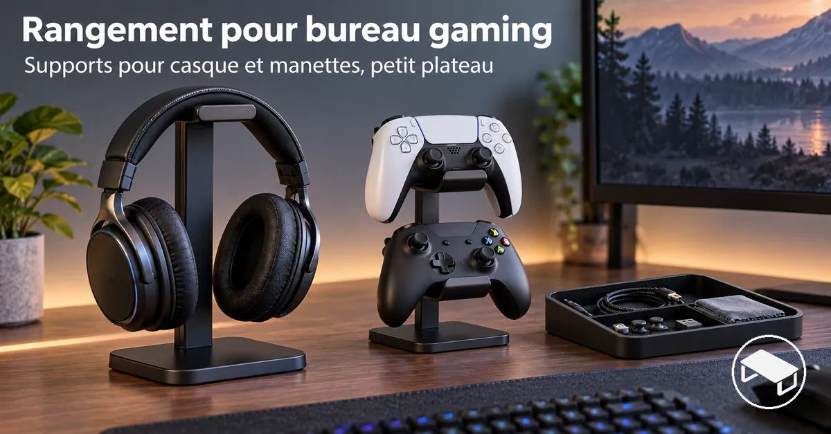 Bureau gaming avec un support pour casque, des supports pour manettes et un petit plateau de rangement pour accessoires