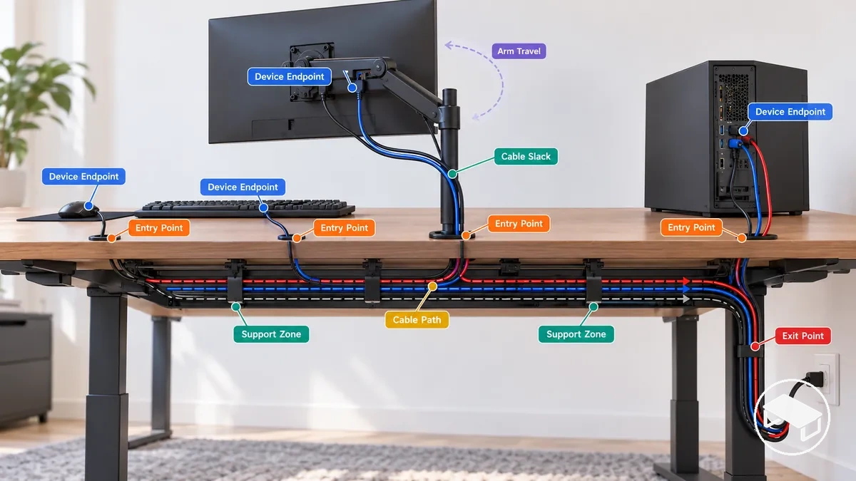 Carte du passage des câbles d'un bureau gaming avant installation montrant les extrémités de l'écran et de l'ordinateur, les points d'entrée et de sortie, un trajet de câble sous le bureau, les zones de support et la zone de mouvement du bras d'écran