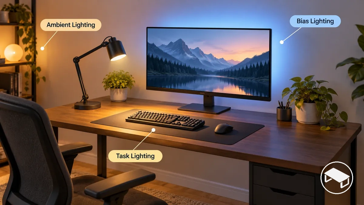 Éclairage de tâche, d'ambiance et bias lighting autour d'un bureau gaming