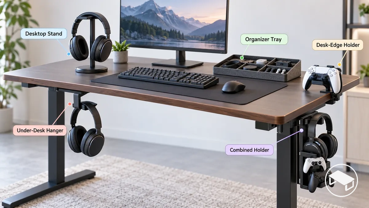Bureau gaming montrant les formats de rangement de bureau, sous bureau, de bord de bureau, en bac et combinés pour accessoires gaming