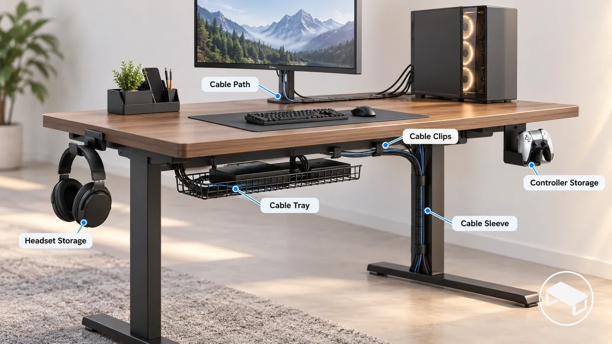 Bureau gaming avec gestion des câbles sous le bureau, support de casque et rangement de manette montrant des chemins de câbles organisés et un espace de surface dégagé