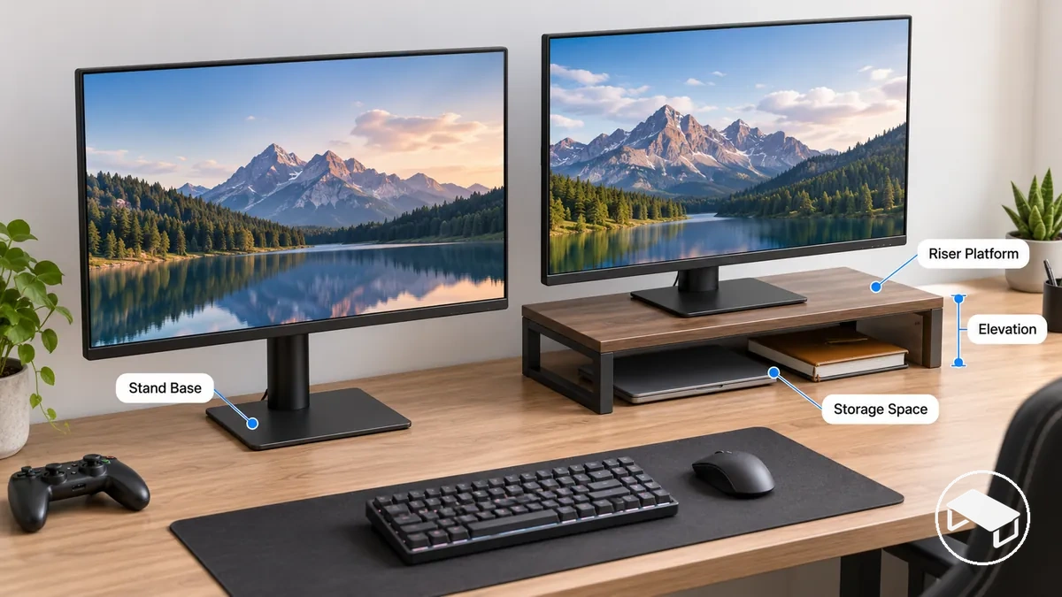 Pied d'écran de bureau et rehausseur d'écran montrant leurs bases différentes, leur élévation et l'utilisation de l'espace de bureau