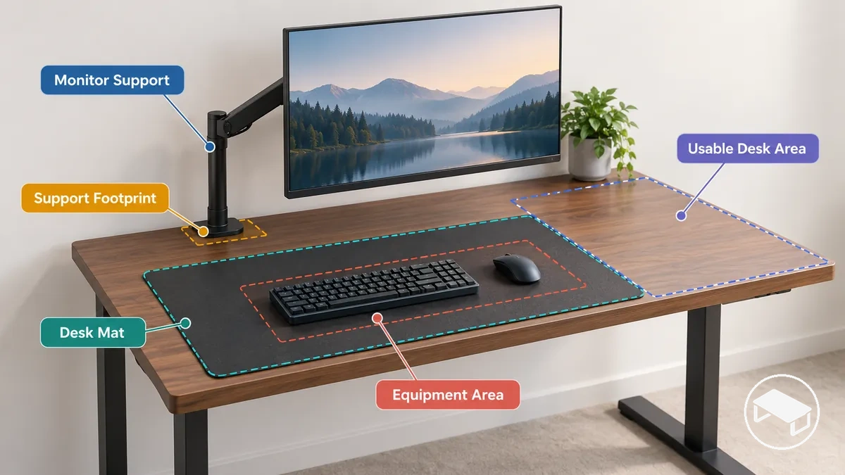 Bureau gaming avec un support d'écran et un tapis de bureau montrant leur effet sur le placement du matériel et la surface utile
