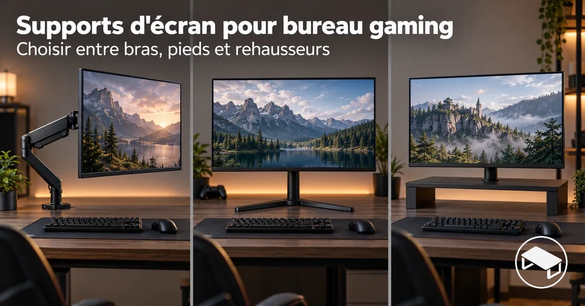 Différents supports d'écran pour bureau gaming, dont un bras articulé réglable, un pied d'écran et un rehausseur d'écran