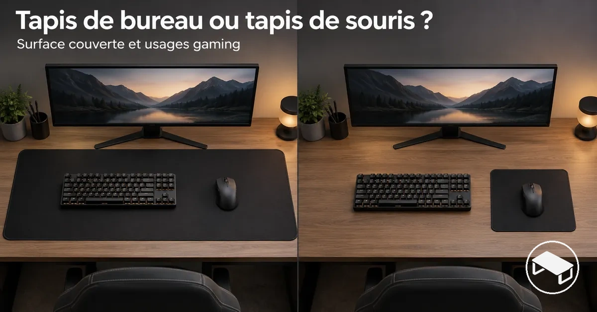 Grand tapis de bureau gaming et tapis de souris plus petit placés côte à côte pour comparer la surface qu’ils couvrent