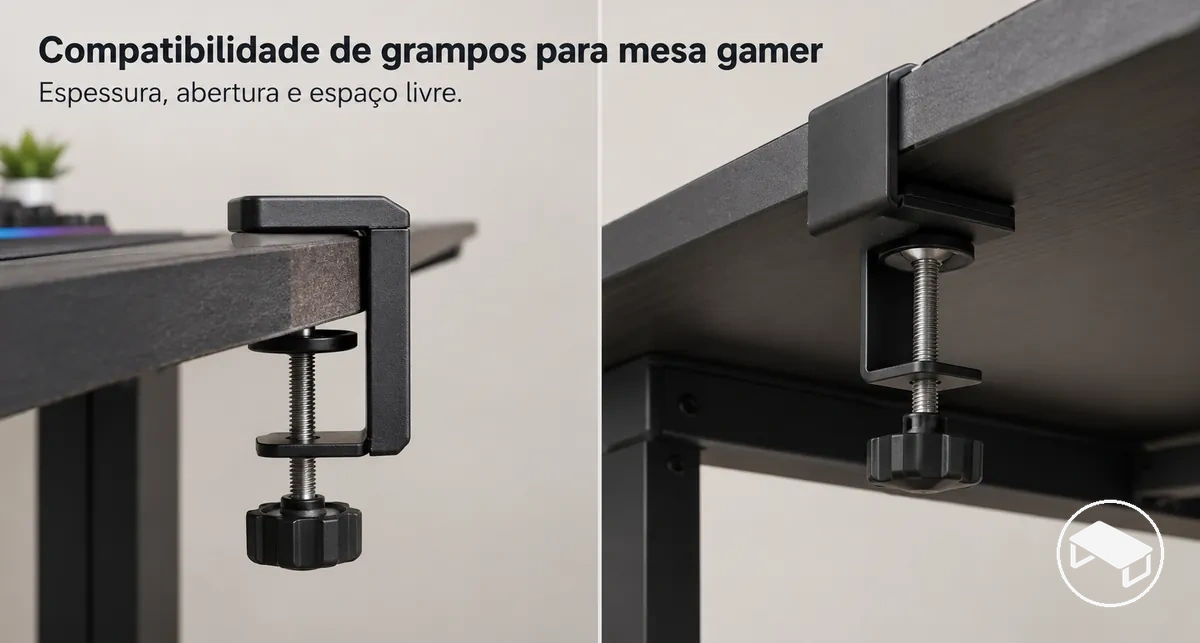 Grampo de fixação na borda de uma mesa gamer, mostrando a espessura do tampo, a abertura do grampo e o espaço livre abaixo