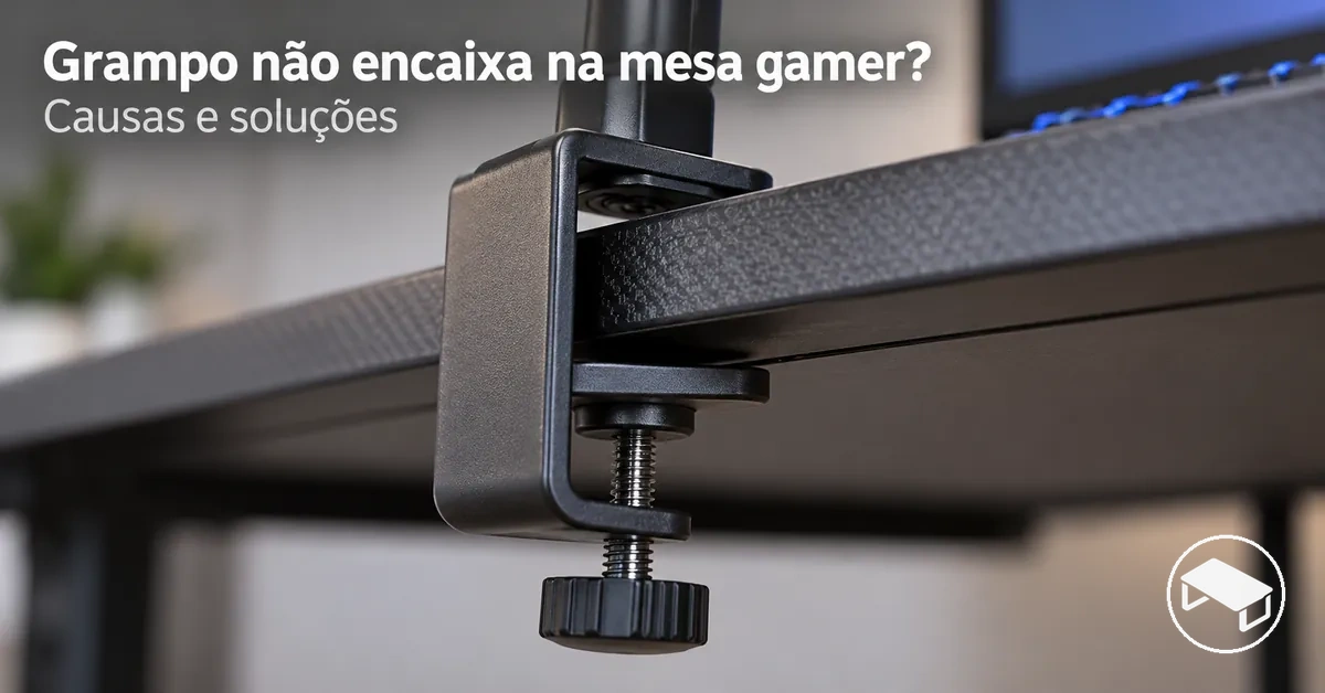 Grampo de fixação de um acessório na borda de uma mesa gamer, com espaço insuficiente para prender o suporte com estabilidade