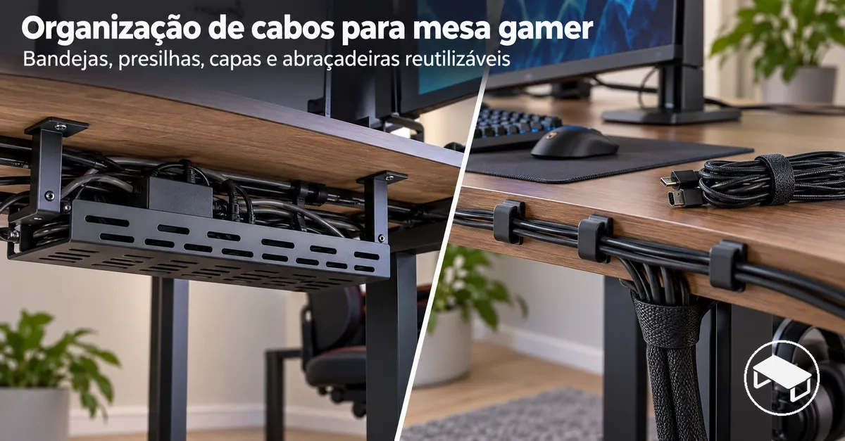 Acessórios de organização de cabos para mesa gamer, incluindo bandeja sob o tampo, presilhas, capa organizadora e abraçadeiras reutilizáveis